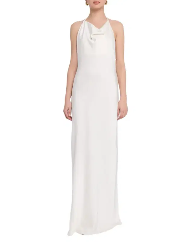 Cowl-Neck Enverse Satin Backless Halter Gown