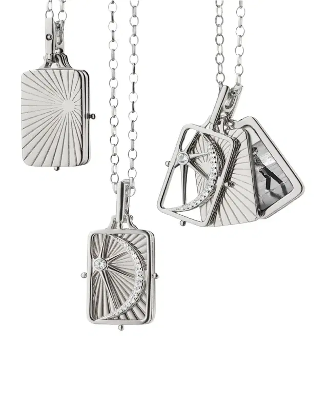 Sterling Silver Rectangular Sun, Moon, and Stars Gate Frame Necklace with Two Image Cases on a 32" Chain