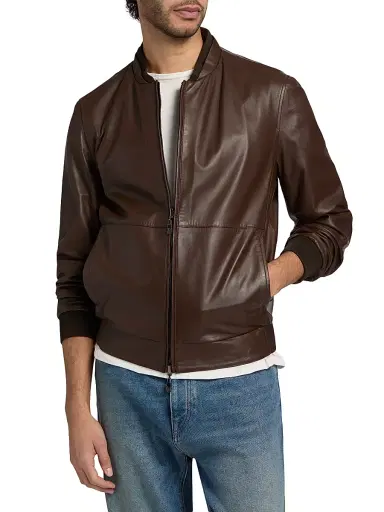 Corneliani Men's Reversible Leather & Twill Bomber Jacket - Brown Navy | Thumbnail 3