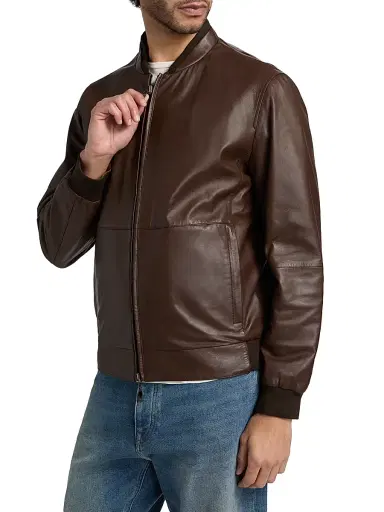 Corneliani Men's Reversible Leather & Twill Bomber Jacket - Brown Navy | Thumbnail 4