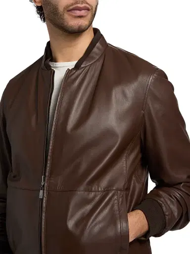 Corneliani Men's Reversible Leather & Twill Bomber Jacket - Brown Navy | Thumbnail 7