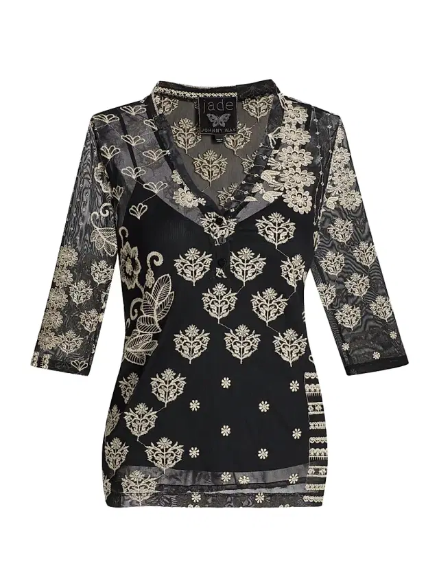 Johnny Was Women's Wilma Printed Mesh Top - Black