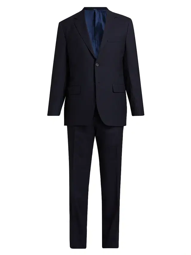 Men's Solid Wool Single-Breasted Suit - Navy Blue