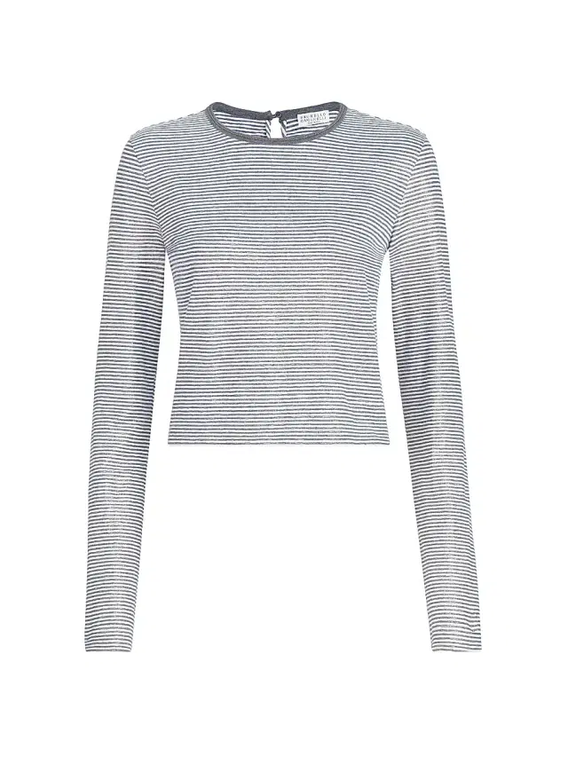 Women's Striped Linen Lamé Jersey Top with Shiny Trim - Blue