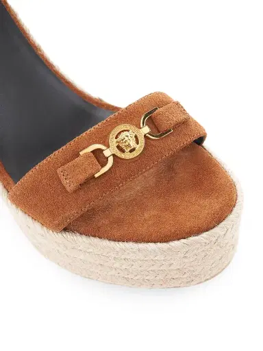 Versace Women's 120MM Medusa Suede Espadrille Platform Wedge Sandals - Spice Brown Gold - Size 9.5 | Thumbnail 6