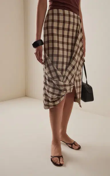 Róhe Draped Checked Linen Skirt | Thumbnail 3