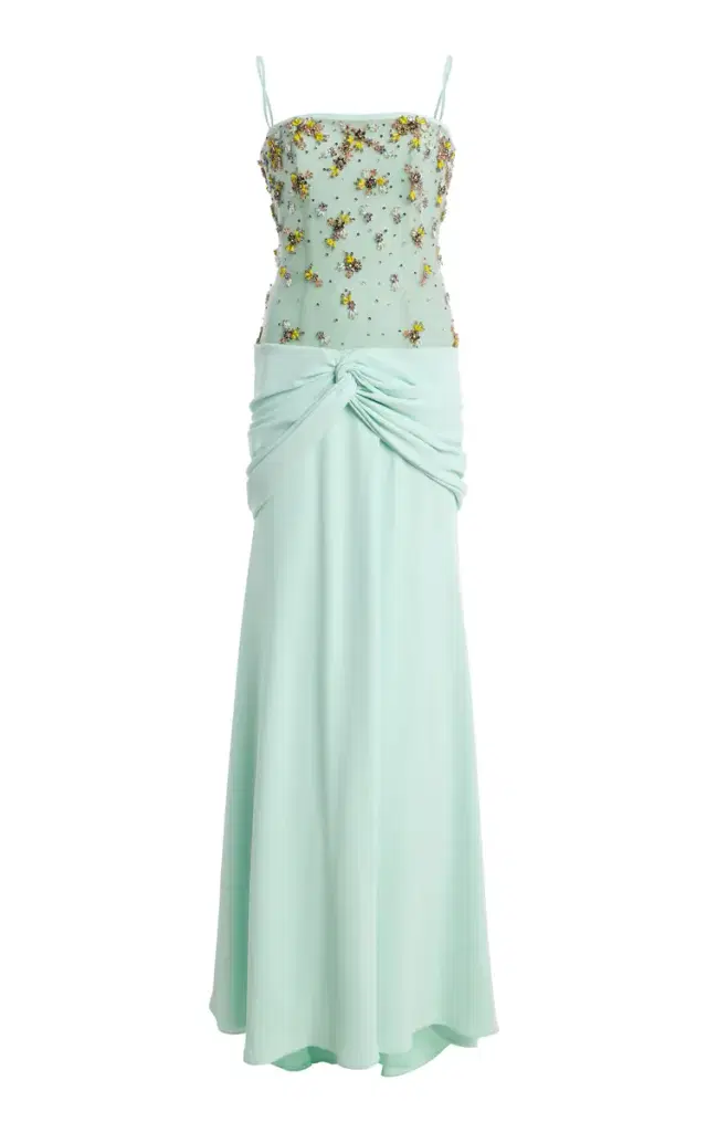 Nissa Crepe Embroidered Tulle Gown