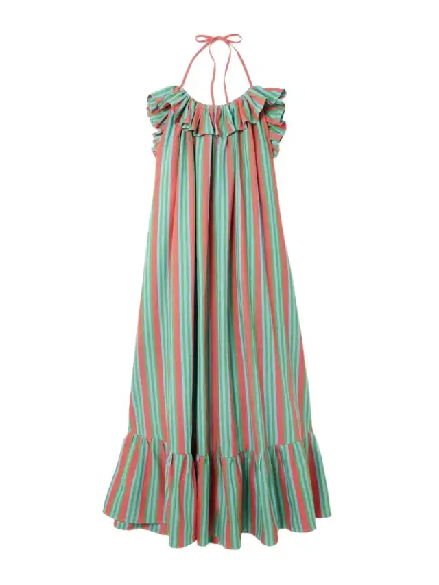 Marrakshi Life Ruffled Tiered Striped Cotton Halterneck Maxi Dress
