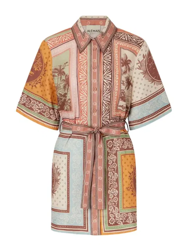 Alberta Belted Printed Linen Mini Shirt Dress