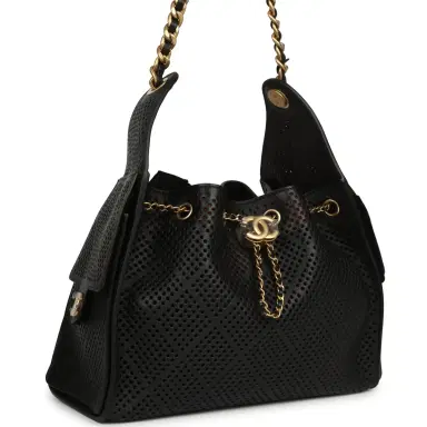 Chanel Chanel Small 25 Hobo Bag Black Perforated Calfskin Antique Gold Hardware | Thumbnail 2