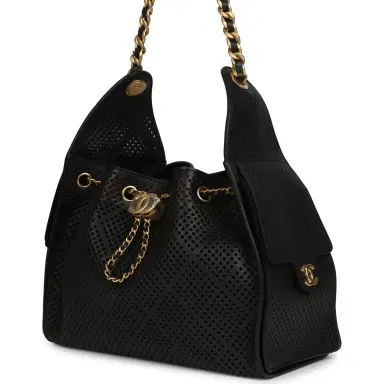 Chanel Chanel Small 25 Hobo Bag Black Perforated Calfskin Antique Gold Hardware | Thumbnail 5