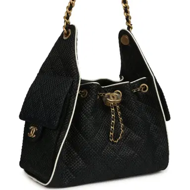 Chanel Chanel Small 25 Hobo Bag Black Raffia and White Calfskin Antique Gold Hardware | Thumbnail 2 Chanel Chanel Small 25 Hobo Bag Black Raffia and White Calfskin Antique Gold Hardware | Thumbnail 2