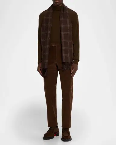 PIACENZA 1733 Men's Baltazar Herringbone to Plaid Silk and Cashmere Scarf | Thumbnail 2 PIACENZA 1733 Men's Baltazar Herringbone to Plaid Silk and Cashmere Scarf | Thumbnail 2