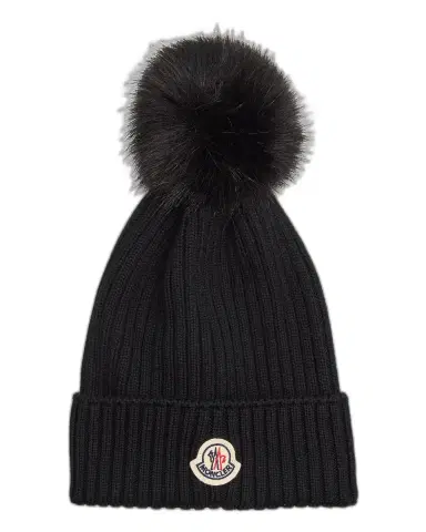 Moncler Kid's Embroidered Logo Wool Beanie with Pom | Thumbnail 1