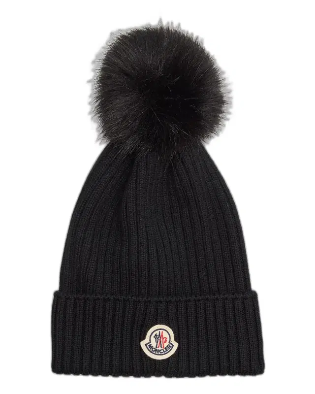 Moncler Kid 's Embroidered Logo Wool Beanie with Pom