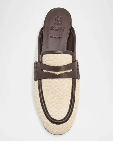 Brunello Cucinelli Micro Raffia and Leather Low-Top Sneakers | Thumbnail 3