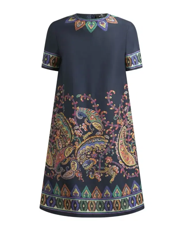 Paisley Silk Habotai Short-Sleeve Mini Tunic Dress