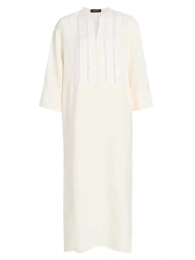Women's Embroidered Bib Linen-Blend Tunic Dress - Burro