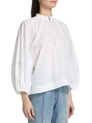 Fabiana Filippi Women's Balloon-Sleeve Cotton Muslin Half-Zip Shirt - Bianco Ottico | Thumbnail 4 Fabiana Filippi Women's Balloon-Sleeve Cotton Muslin Half-Zip Shirt - Bianco Ottico | Thumbnail 4