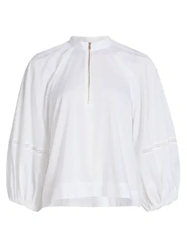 Fabiana Filippi Women's Balloon-Sleeve Cotton Muslin Half-Zip Shirt - Bianco Ottico | Thumbnail 1 Fabiana Filippi Women's Balloon-Sleeve Cotton Muslin Half-Zip Shirt - Bianco Ottico | Thumbnail 1