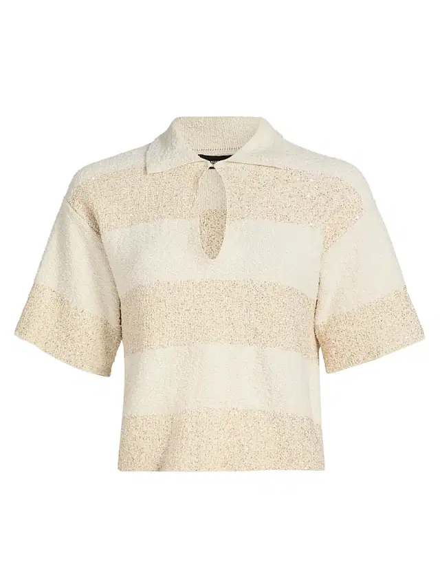 Women's Striped Bouclé Cotton Cropped Polo Top - Burro