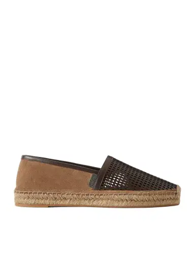 Brunello Cucinelli Bead-embellished Suede And Laser-cut Leather Espadrilles | Thumbnail 1 Brunello Cucinelli Bead-embellished Suede And Laser-cut Leather Espadrilles | Thumbnail 1