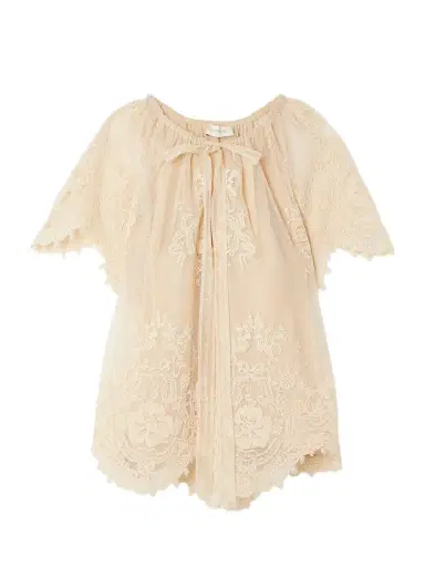 Zimmermann Luna Scalloped Gathered Lace And Point D'esprit Blouse | Thumbnail 1 Zimmermann Luna Scalloped Gathered Lace And Point D'esprit Blouse | Thumbnail 1