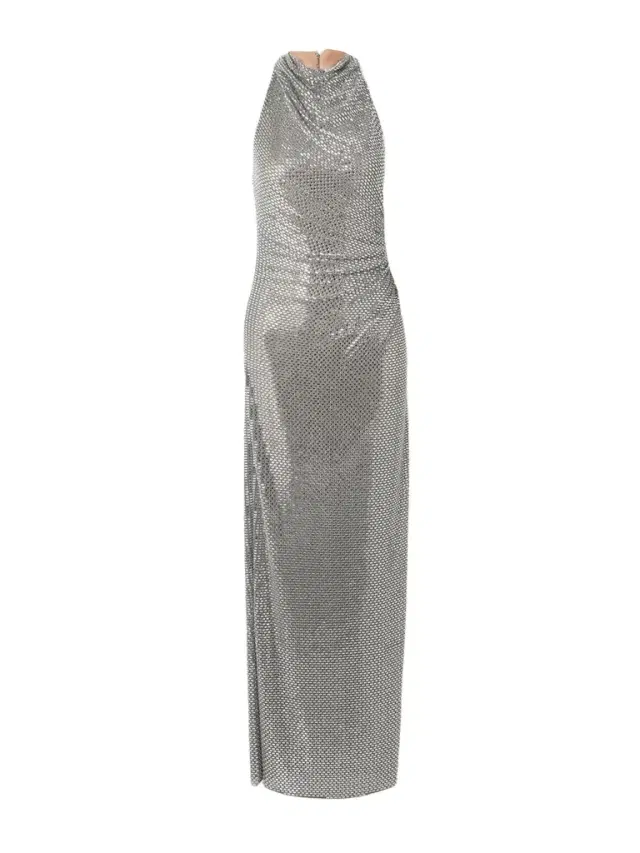 Embellished Draped Mesh Halterneck Maxi Dress