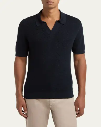 Zegna Men's Premium Cotton Knit Johnny Collar Polo Shirt | Thumbnail 4 Zegna Men's Premium Cotton Knit Johnny Collar Polo Shirt | Thumbnail 4