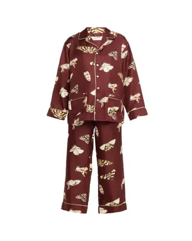 Yves Ettore Moth-Print Silk Twill Pajama Set