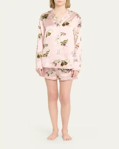Olivia von Halle Alba Moth-Print Silk Satin Short Pajama Set | Thumbnail 2