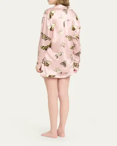 Olivia von Halle Alba Moth-Print Silk Satin Short Pajama Set | Thumbnail 3