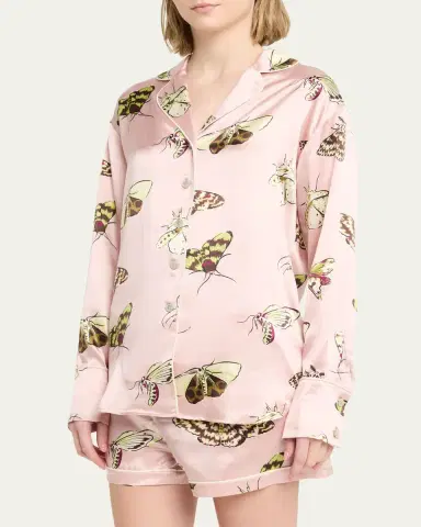 Olivia von Halle Alba Moth-Print Silk Satin Short Pajama Set | Thumbnail 4