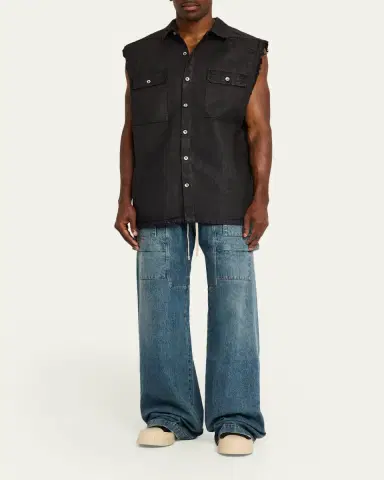 DRKSHDW RICK OWENS Men's Distressed Black Denim Button-Front Vest | Thumbnail 2 DRKSHDW RICK OWENS Men's Distressed Black Denim Button-Front Vest | Thumbnail 2