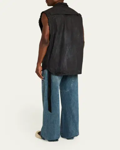 DRKSHDW RICK OWENS Men's Distressed Black Denim Button-Front Vest | Thumbnail 3 DRKSHDW RICK OWENS Men's Distressed Black Denim Button-Front Vest | Thumbnail 3