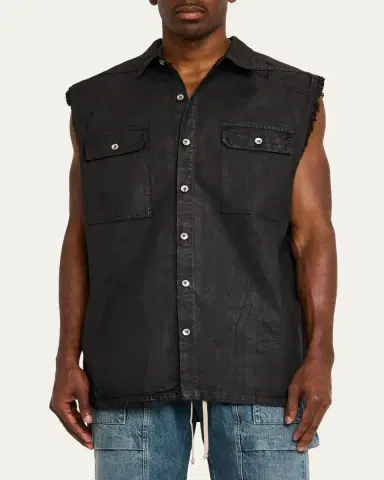 DRKSHDW RICK OWENS Men's Distressed Black Denim Button-Front Vest | Thumbnail 4 DRKSHDW RICK OWENS Men's Distressed Black Denim Button-Front Vest | Thumbnail 4