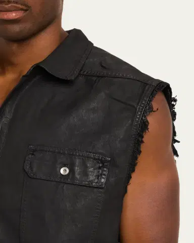 DRKSHDW RICK OWENS Men's Distressed Black Denim Button-Front Vest | Thumbnail 5 DRKSHDW RICK OWENS Men's Distressed Black Denim Button-Front Vest | Thumbnail 5