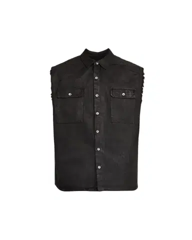 DRKSHDW RICK OWENS Men's Distressed Black Denim Button-Front Vest | Thumbnail 1 DRKSHDW RICK OWENS Men's Distressed Black Denim Button-Front Vest | Thumbnail 1