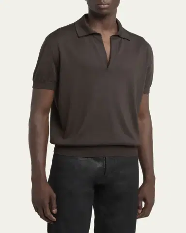 TOM FORD Men's Cotton and Silk Knit Tipped Johnny Collar Polo Shirt | Thumbnail 4 TOM FORD Men's Cotton and Silk Knit Tipped Johnny Collar Polo Shirt | Thumbnail 4