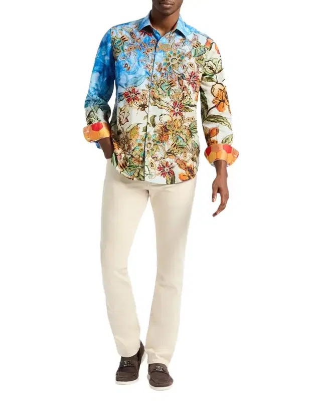 Men 's Flax and Cotton Floral Embroidered Sport Shirt