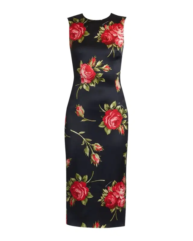 Rose Bouquet-Print Sheath Midi Dress