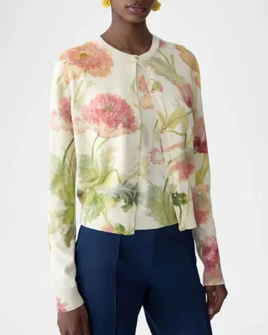 Carolina Herrera Floral-Print Silk-Cotton Crewneck Cardigan | Thumbnail 4 Carolina Herrera Floral-Print Silk-Cotton Crewneck Cardigan | Thumbnail 4