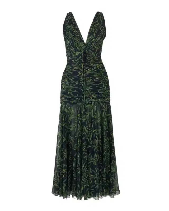 Olive-Print Ruched V-Neck Maxi Dress