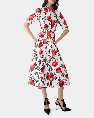 Carolina Herrera Carnation-Print Short-Sleeve Pleated Midi Shirtdress | Thumbnail 2 Carolina Herrera Carnation-Print Short-Sleeve Pleated Midi Shirtdress | Thumbnail 2