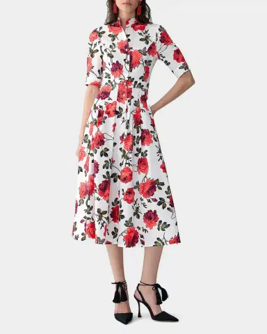 Carolina Herrera Carnation-Print Short-Sleeve Pleated Midi Shirtdress | Thumbnail 4 Carolina Herrera Carnation-Print Short-Sleeve Pleated Midi Shirtdress | Thumbnail 4