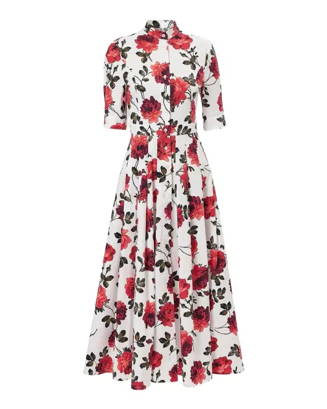 Carnation-Print Short-Sleeve Pleated Midi Shirtdress
