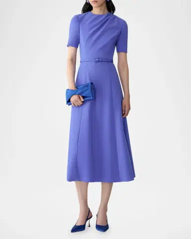 Carolina Herrera Short-Sleeve Draped Midi Dress With Belt | Thumbnail 2