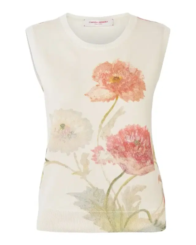 Floral Print Sleeveless Silk-Cotton Sweater