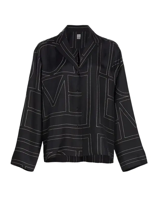 Monogram-Embroidered Silk Pajama Top