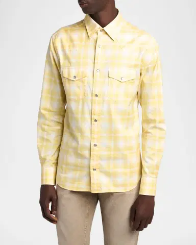 Tom Ford Men's Cotton Maxi-Plaid Slim Fit Snap-Front Western Shirt | Thumbnail 4